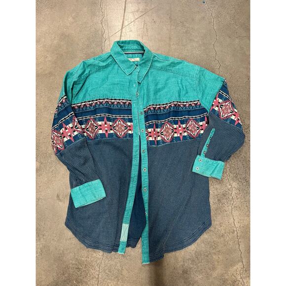 Free People Badlands Western Print Denim Mix Shirt Button Down Size XL - Picture 1 of 4